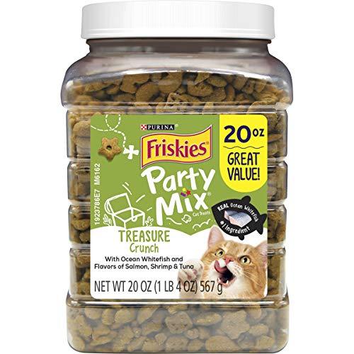 Friskies Party Mix Adult Cat Treats Canisters – Real Ocean Whitefish #1 Ingredient - Treasure Crunch - Whitefish, Salmon, Shrimp, Tuna, 20 oz. Canister