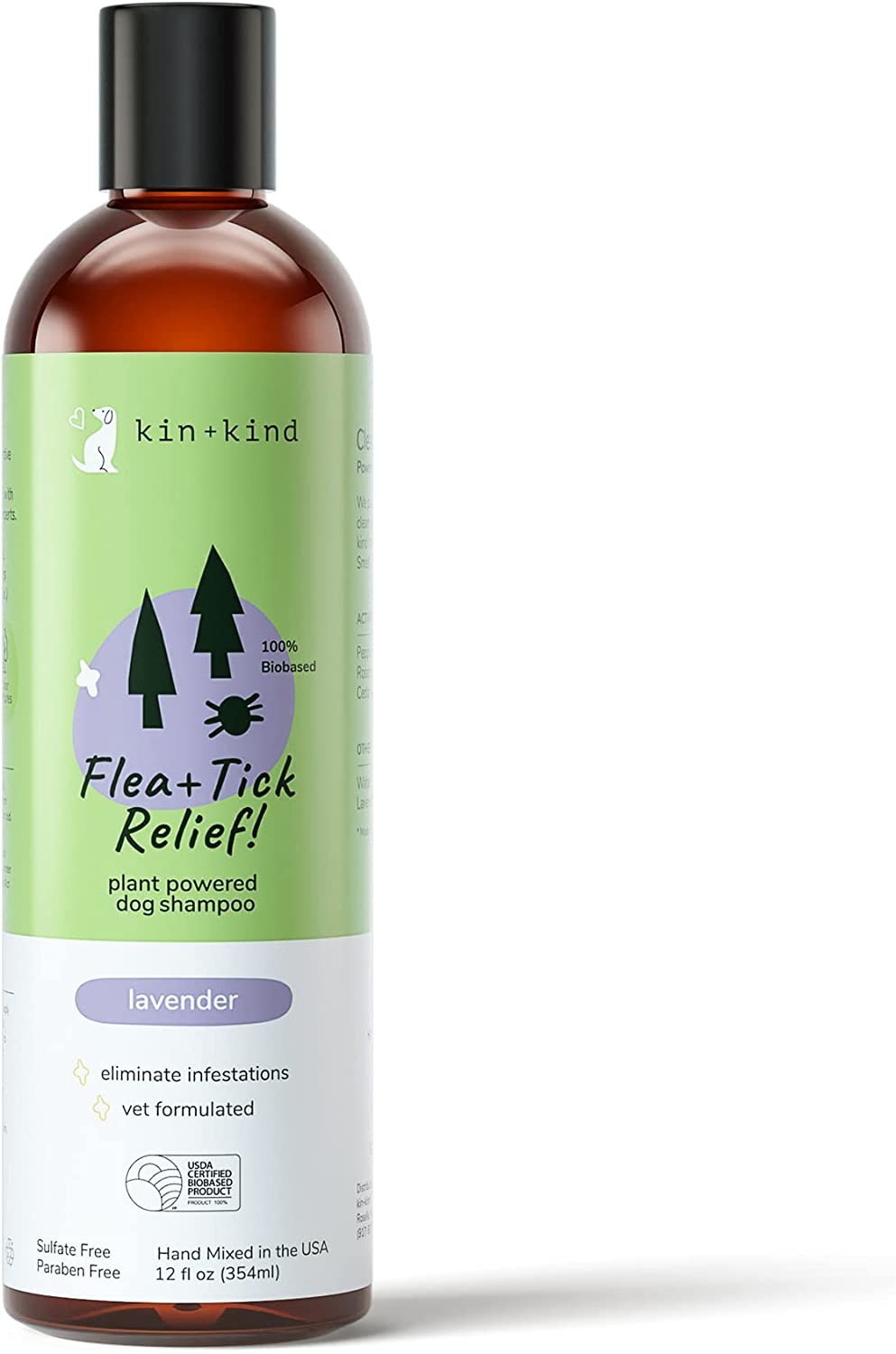 kin+kind Flea and Tick Shampoo for Dogs (12 fl oz) - Lavender Scent - Vet Formulated - Natural and Safe Dog Shampoo with Organic Coconut Oil and Olive Oil - Made in USA