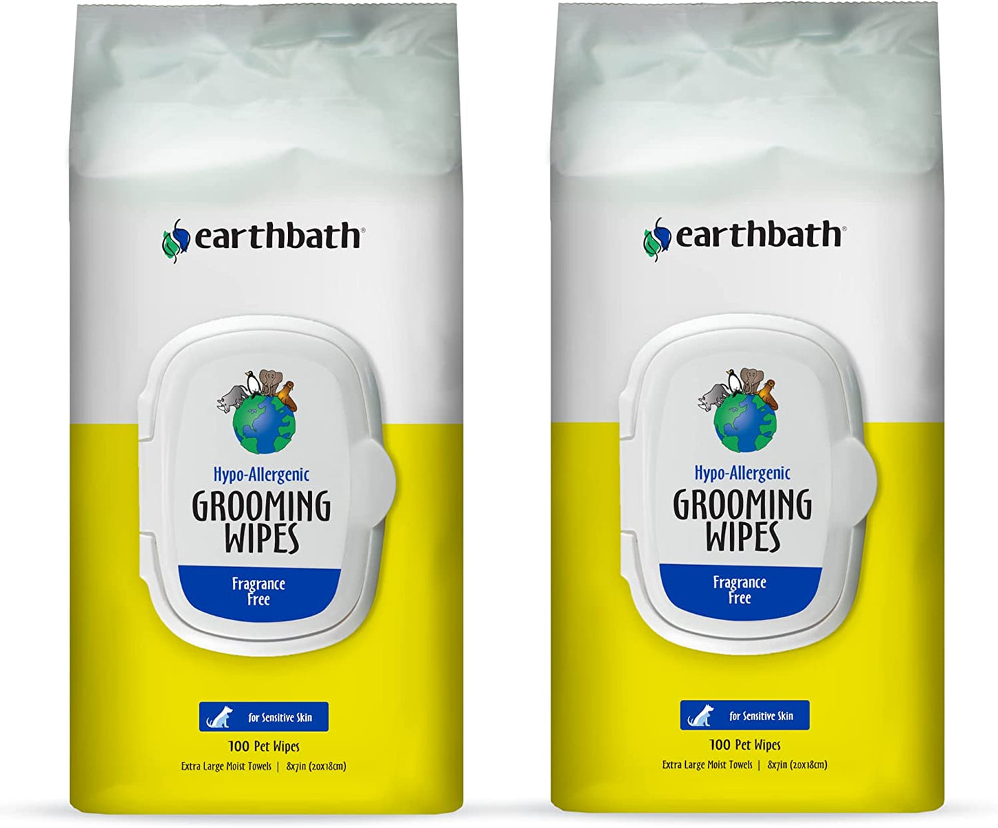 earthbath Hypo-Allergenic Grooming Wipes - Fragrance Free Aloe Vera, Vitamin E, Gentle on Sensitive Skin, Good for Dogs & Cats - Handily Clean Your Pets' Dirty Paws & Undercoat - 100 Count, Pack of 2