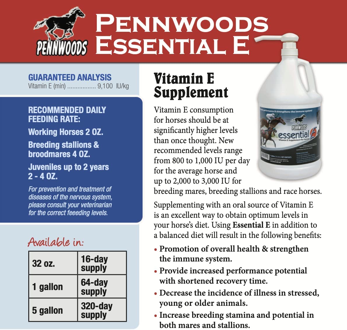 Pennwoods Equine Products Essential E - 1 Gallon | Horse Vitamin | Vitamin E | Horse Supplement | Overall Health | Increased Performance | Reduced Recovery Time | Horse Nutrition | Breeding |