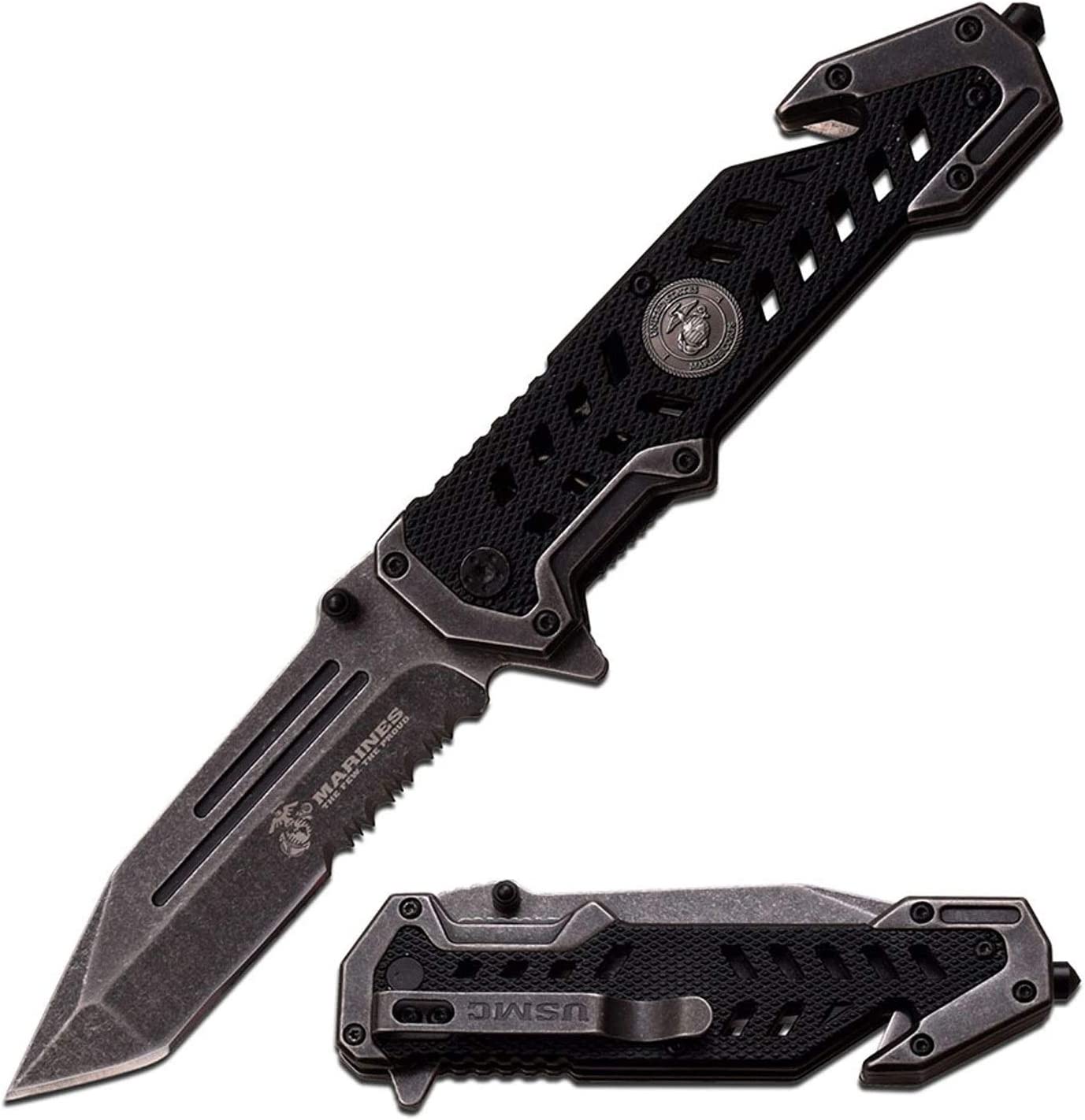 USMC Marine Tactical Folding Pocket Knife G10 Handle Sharp Tanto Blade Spring Assisted Military Knives EGA Elite Survival Semper Fi (Stonewashed)