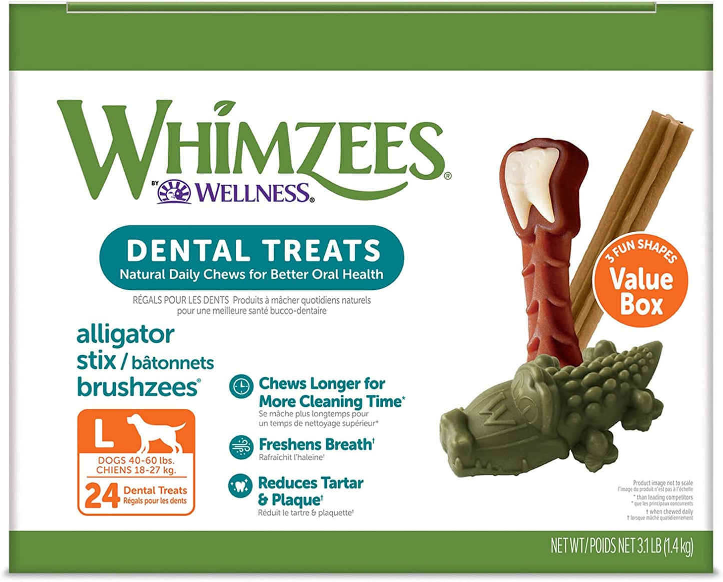Whimzees Natural Grain-Free Dog Dental Chews, Daily Oral Care Treats, Long Lasting, Freshens Breath, Reduces Tartar & Plaque, for Large Dogs (40-60 lbs)