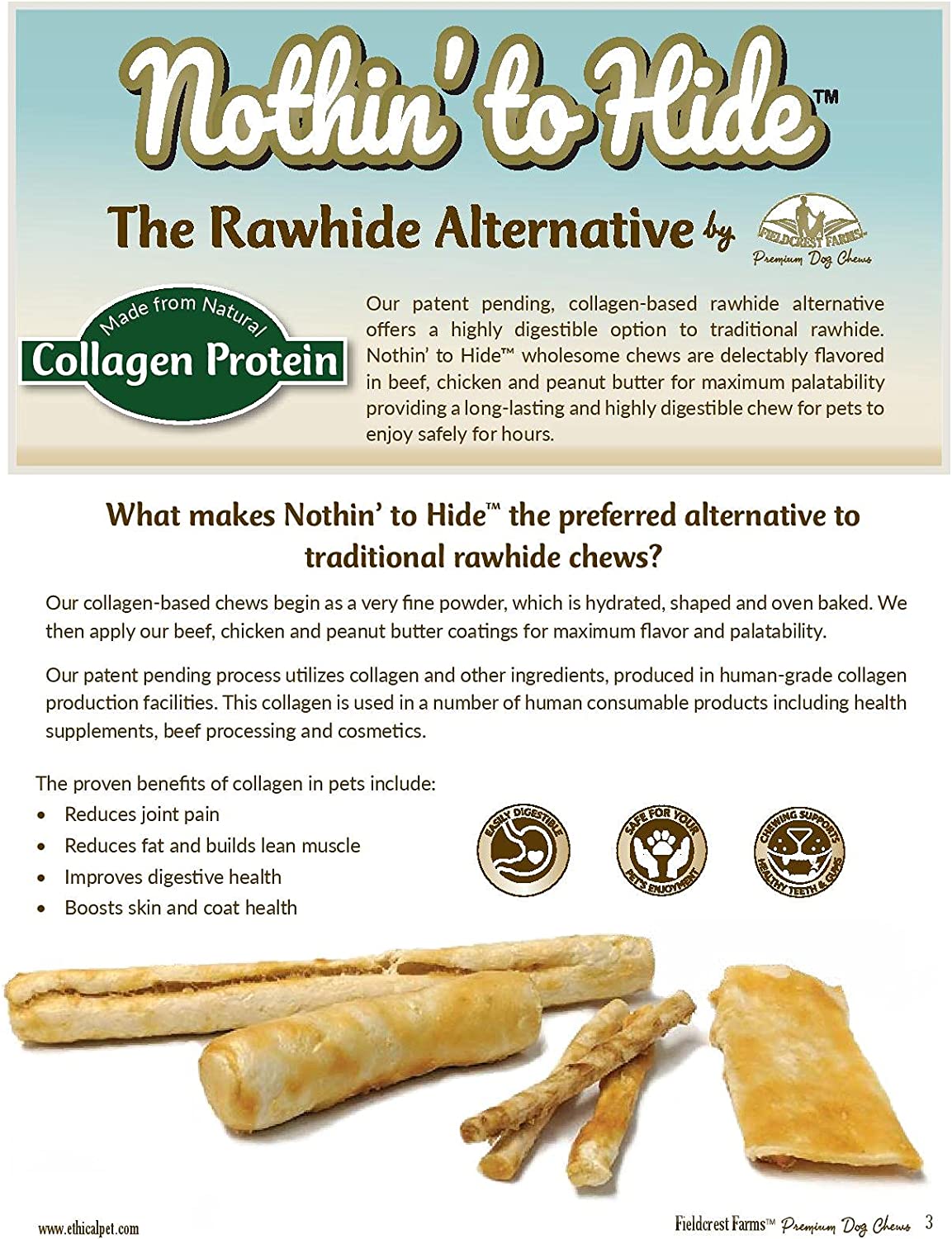 Nothing to Hide Natural Rawhide Alternative Large 10'' Rolls for Dogs - 3 Pack (6 Chews) Premium Grade Easily Digestible Chews - Great for Dental Health by Fieldcrest Farms