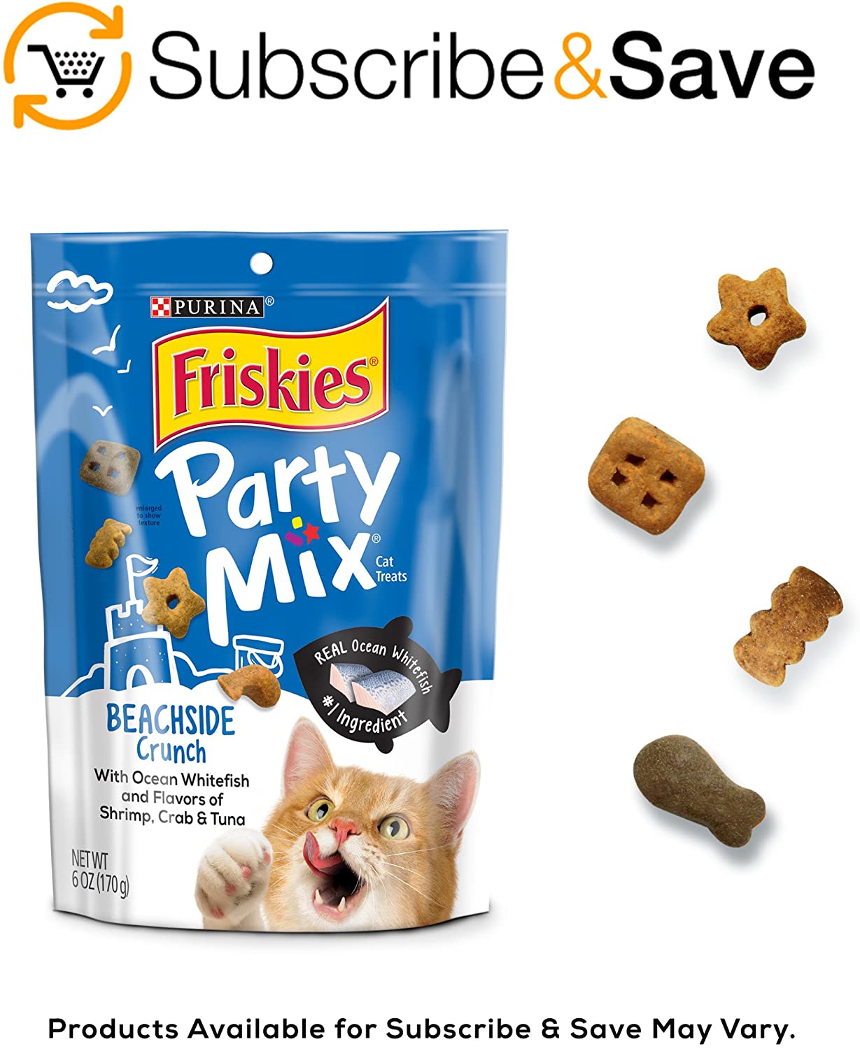Friskies Party Mix Cat Treats, Beachside Crunch, Shrimp, Crab & Tuna Flavors, 6-Ounce Pouch, Pack of 7