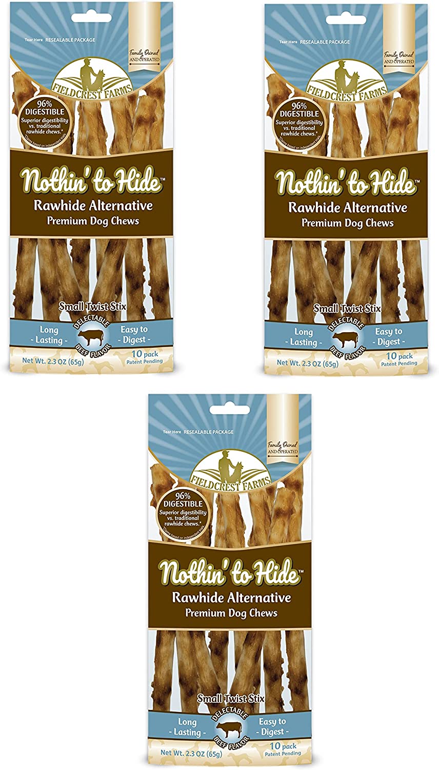 Nothing to Hide Natural Rawhide Alternative Twist Stix for Dogs - 3 Pack (30 Sticks) Premium Grade Easily Digestible Chews - Great for Dental Health by Fieldcrest Farms