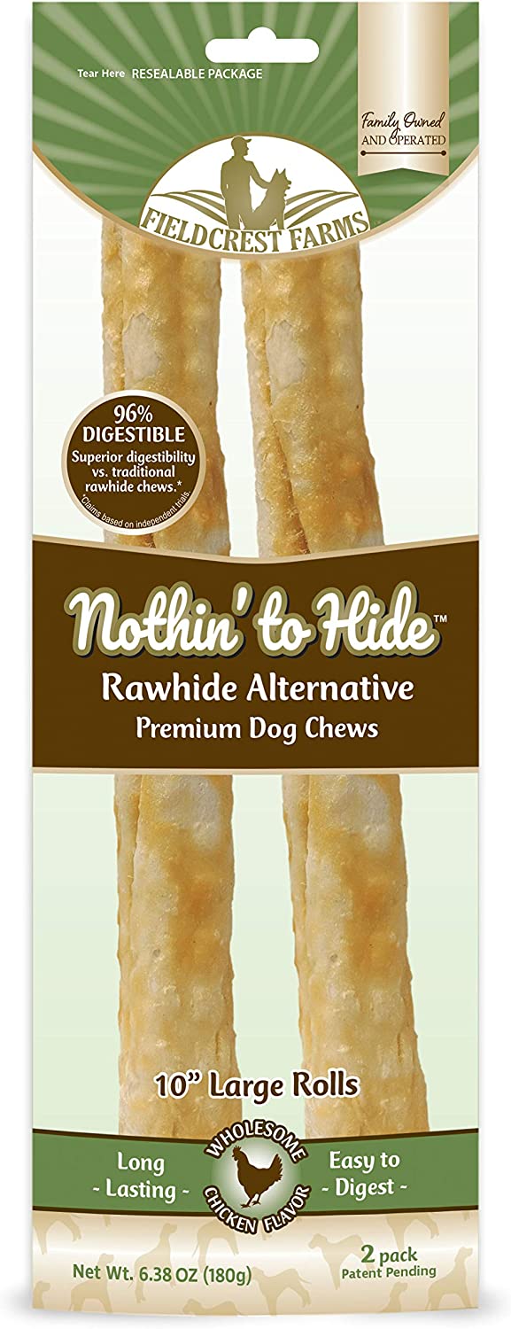 Nothing to Hide Natural Rawhide Alternative Large 10'' Rolls for Dogs - 3 Pack (6 Chews) Premium Grade Easily Digestible Chews - Great for Dental Health by Fieldcrest Farms