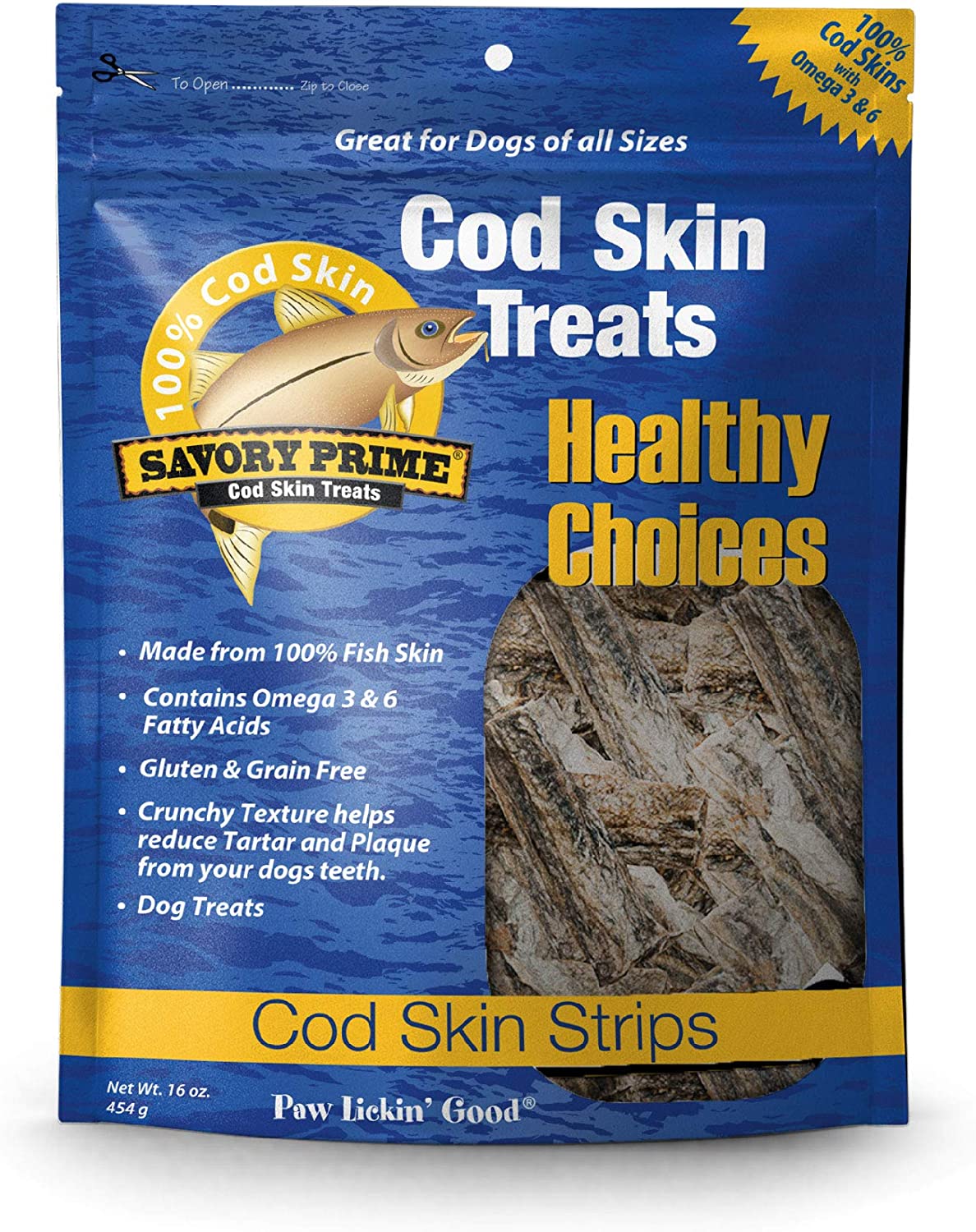 Savory Prime Cod Skin Fish Strips, 16-Ounce, No Artificial Color, All Breed Sizes (62016)
