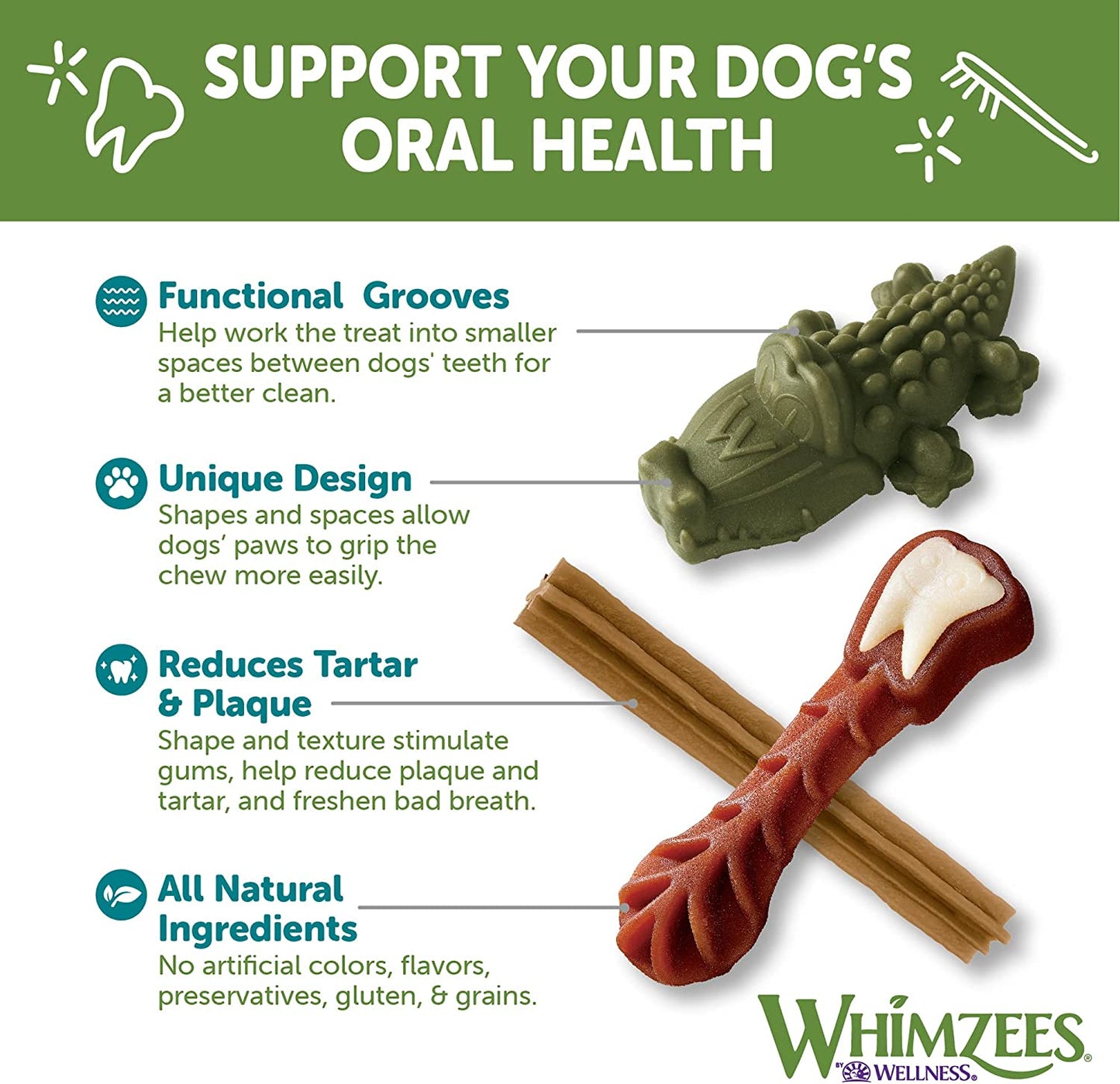 Whimzees Natural Grain-Free Dog Dental Chews, Daily Oral Care Treats, Long Lasting, Freshens Breath, Reduces Tartar & Plaque, for Large Dogs (40-60 lbs)