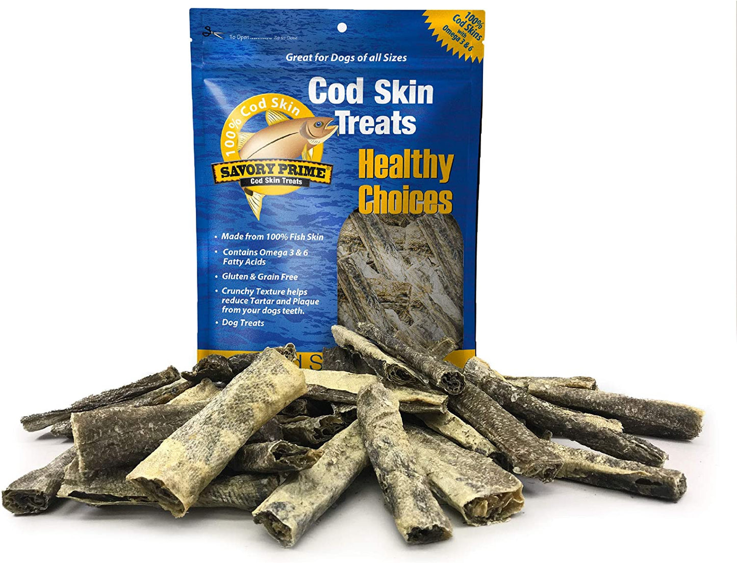 Savory Prime Cod Skin Fish Strips, 16-Ounce, No Artificial Color, All Breed Sizes (62016)