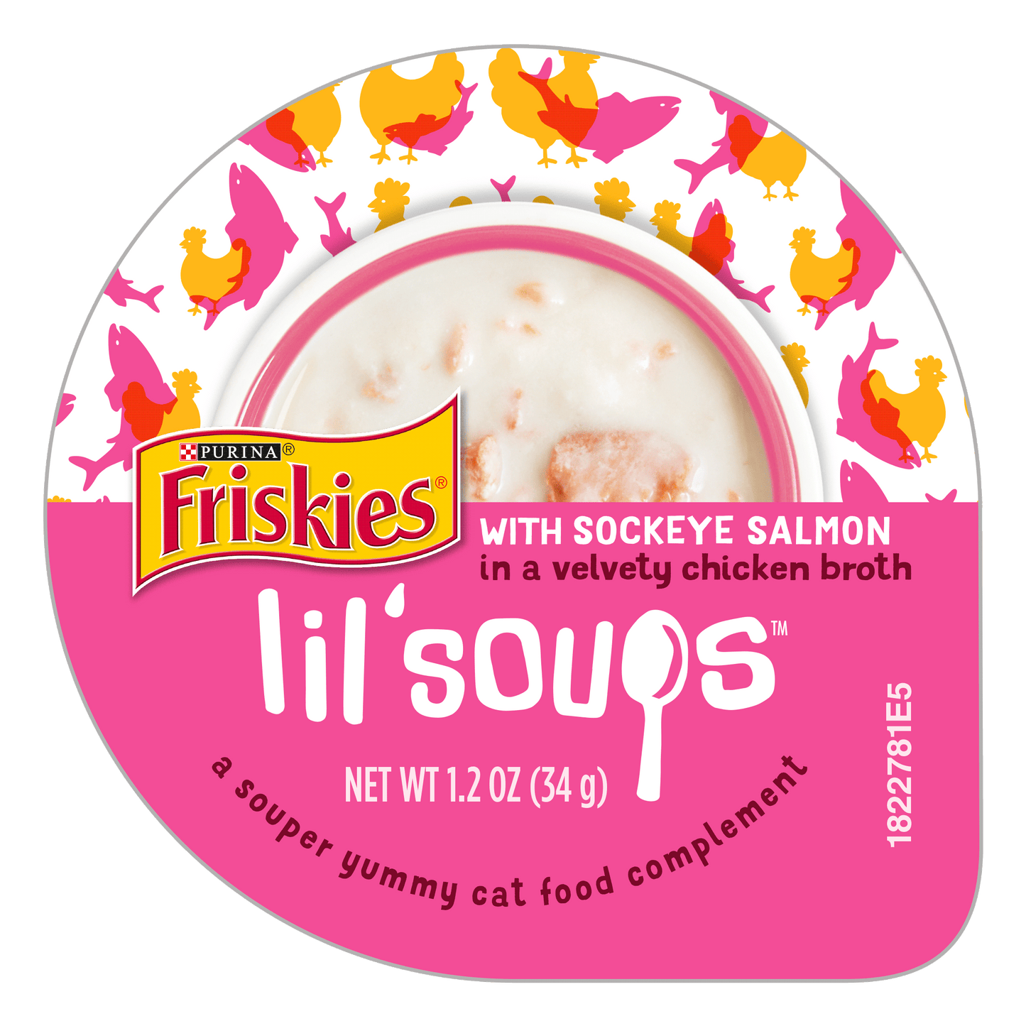 6 Individual containers of Purina Friskies Lil Soups with Sockeye Salmon in a Velvety Chicken Broth Adult Wet Cat Treat/Food Topper. 1.2 oz. ea
