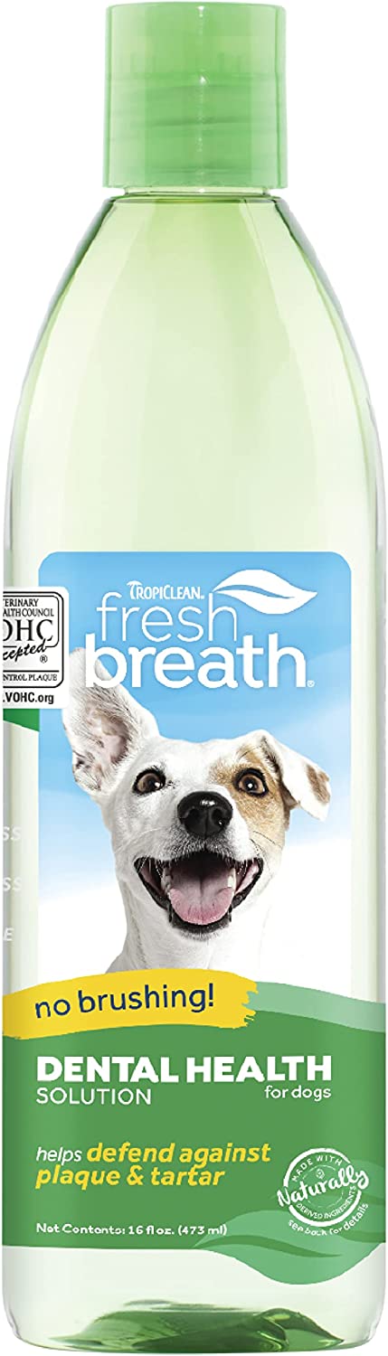TropiClean Fresh Breath Oral Care Water Additive for Dogs 16oz Dog Breath Freshener Plaque and Tartar Defense No Toothbrush Required