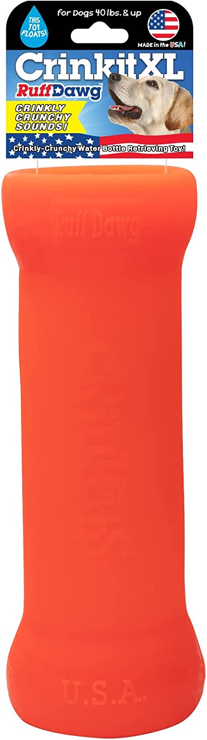 Ruff Dawg Crinkit XL - Throw and Retrieve Water Bottle Dog Toy, Solid Rubber, Includes Water Bottle, Floats, Recyclable, Made in The USA, 9.5in, Dogs Over 40 lbs