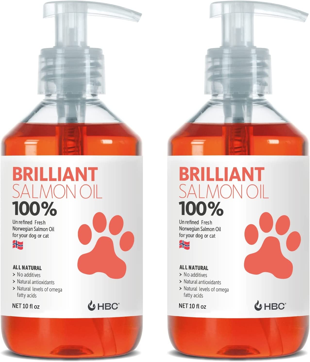 Brilliant Salmon Oil for Dogs, Cats & Puppies, Pure Omega 3 Fish Oil Liquid Food Supplement with DHA & EPA Fatty Acids, by Hofseth BioCare (10 Ounce)(Pack of 2)