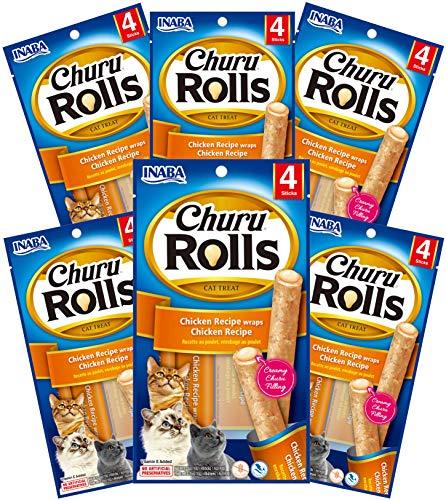 INABA Churu Rolls - Soft Baked Chicken Filled with Churu Puree - Natural Cat Treats - Chicken Recipe wraps Chicken Recipe, 24 Sticks