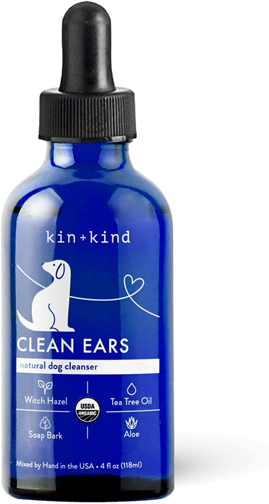 kin+kind Organic Ear Cleaner for Dogs (4 fl oz) - Eliminates Waxy Buildup, Odor and Itchy Irritation - Witch Hazel, Tea Tree Oil and Aloe Vera for Safe, Natural in-Home Pet Grooming - Made in USA