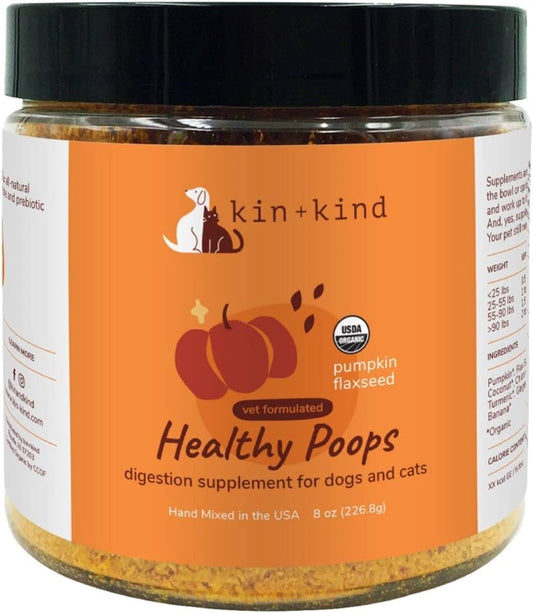 kin+kind Organic Fiber for Dogs & Cats - Pumpkin Boost for Healthy Poops - Stomach and Bowel Support - Digestive Health - Natural Formula with Flax Seed, Ginger, Turmeric and Coconut - Made in USA