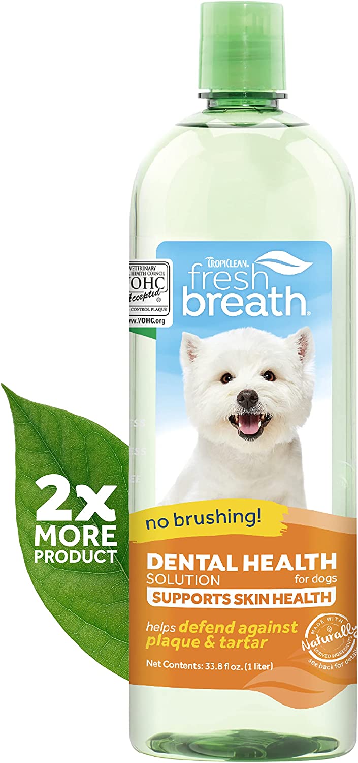 TropiClean Fresh Breath Dog Dental Water Additive - Dog Breath Freshener For Skin & Coat Support, 33.8 Ounce