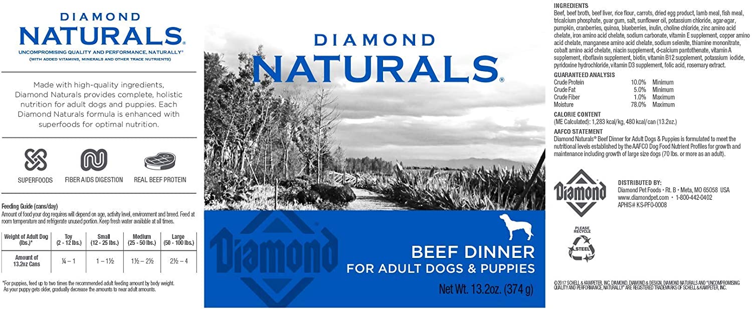 Diamond Naturals Real Meat Recipe Premium Canned Wet Pate Dog Food with High Quality Protein from Real Beef, and Superfoods for Supporting Overall Health in Adult Dogs and Puppies 13.2oz, Case of 12