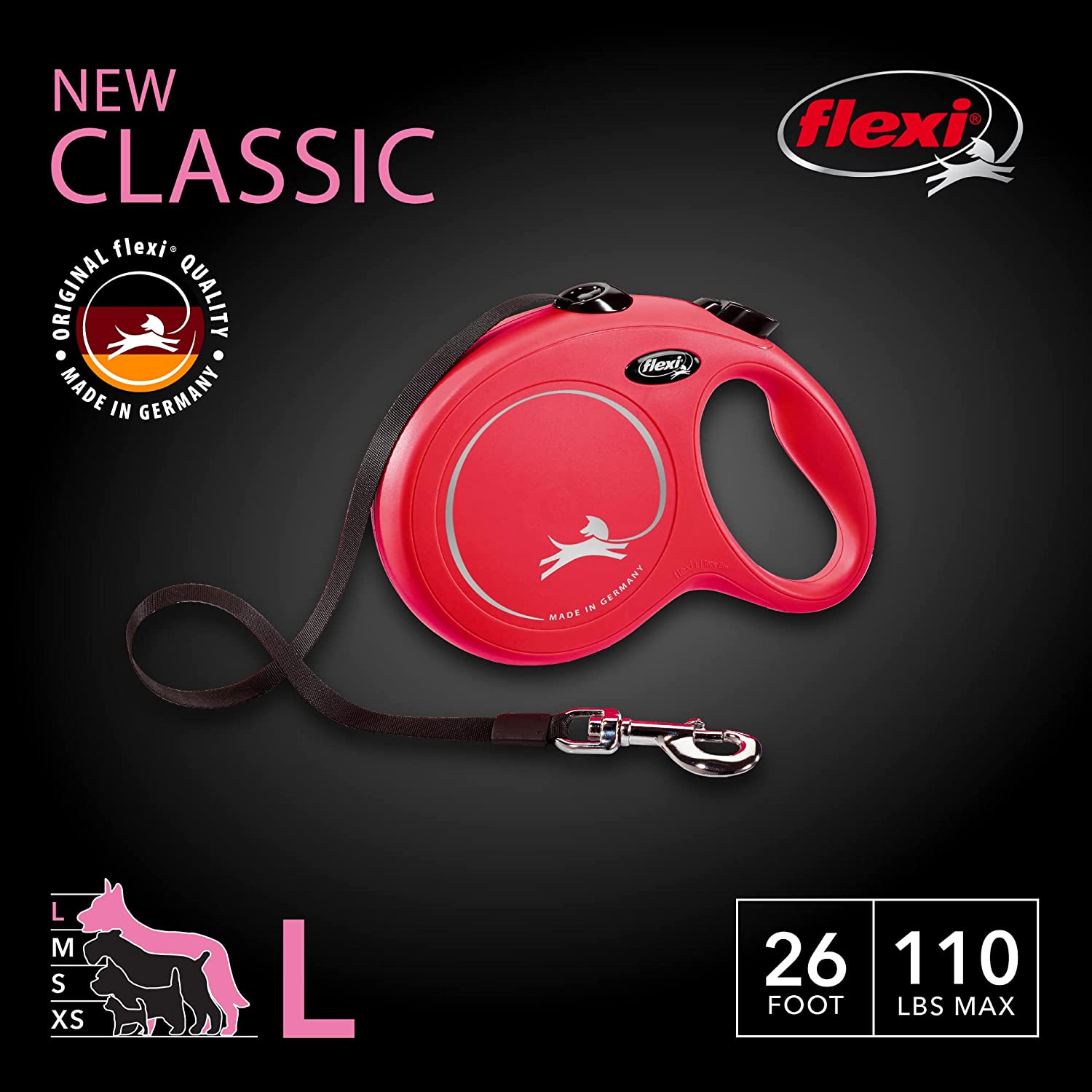 FLEXI New Classic Retractable Dog Leash (Tape), for Dogs Up to 110lbs, 26 ft, Large, Red