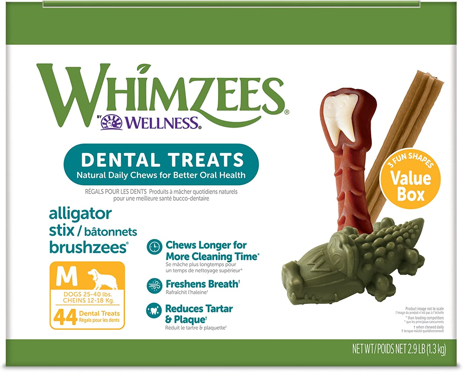 Whimzees Natural Grain-Free Dog Dental Chews, Daily Oral Care Treats, Long Lasting, Freshens Breath, Reduces Tartar & Plaque, for Medium Dogs (25-40 lbs)