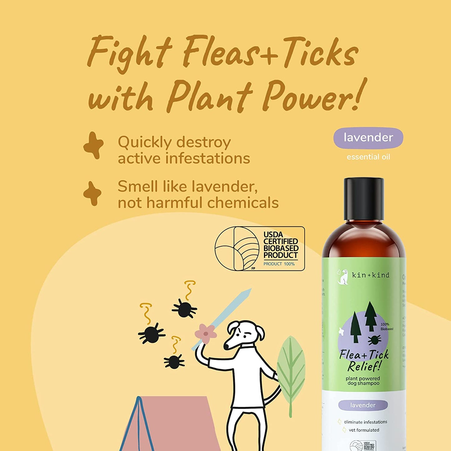 kin+kind Flea and Tick Shampoo for Dogs (12 fl oz) - Lavender Scent - Vet Formulated - Natural and Safe Dog Shampoo with Organic Coconut Oil and Olive Oil - Made in USA