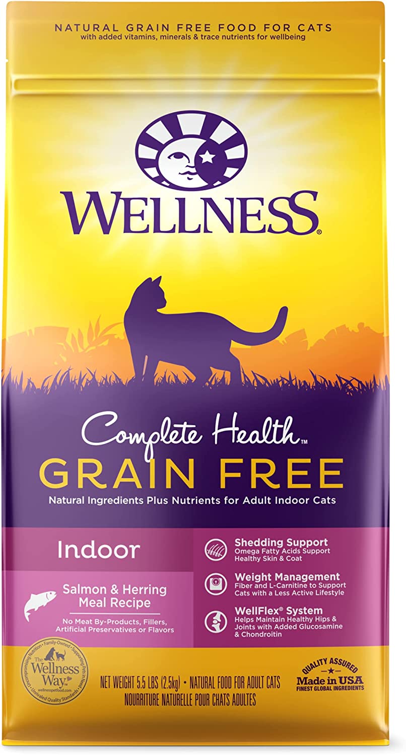 Wellness Complete Health Grain Free Dry Cat Food, Indoor, Adult, Salmon and Herring Meal Recipe, Made in USA, Natrural, Added Vitamins and Minerals