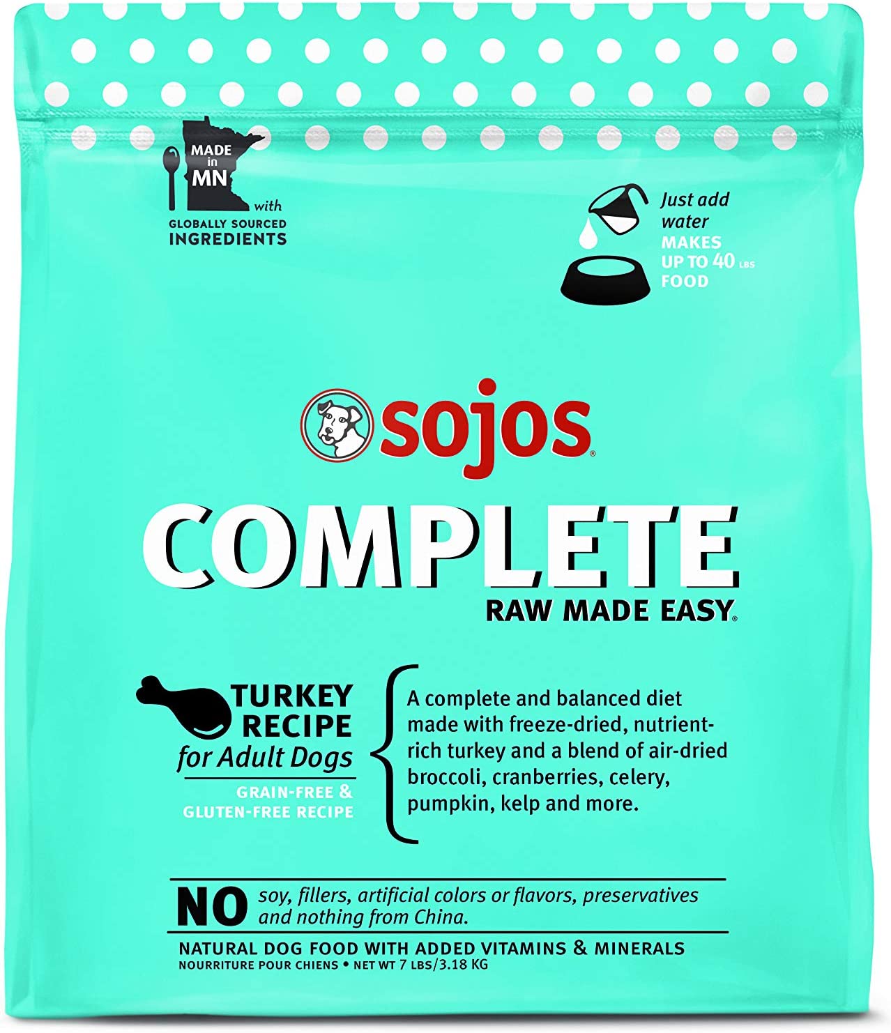 Sojos Complete Turkey Recipe Adult Grain-Free Freeze-Dried Raw Dog Food, 7 Pound Bag