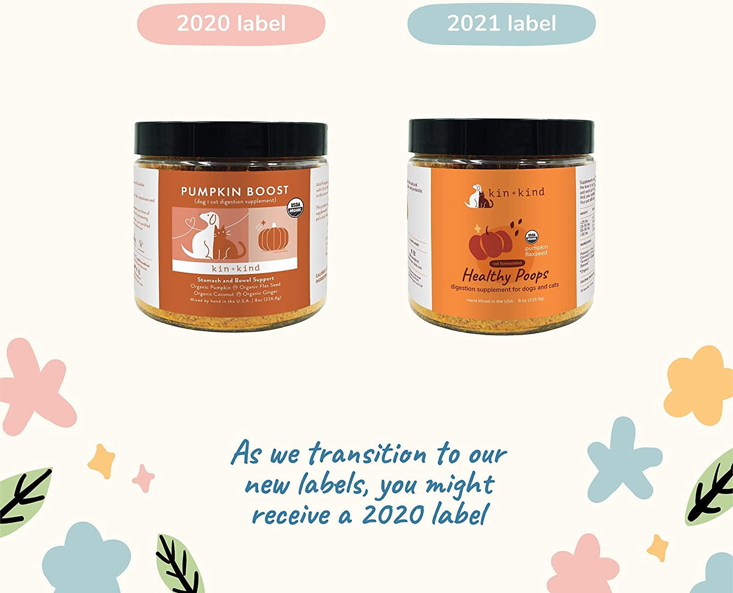 kin+kind Organic Fiber for Dogs & Cats - Pumpkin Boost for Healthy Poops - Stomach and Bowel Support - Digestive Health - Natural Formula with Flax Seed, Ginger, Turmeric and Coconut - Made in USA