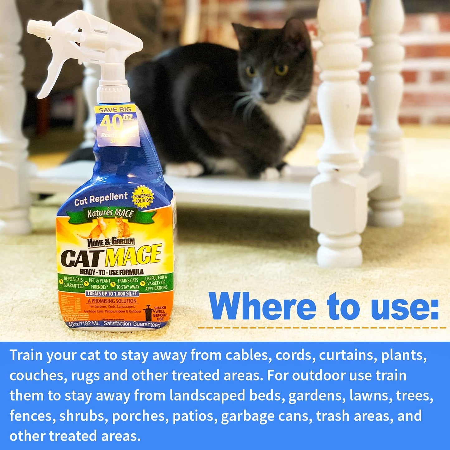 Nature's Mace Cat Repellent 40oz Spray/Treats 1,000 Sq. Ft. / Keep Cats Out of Your Lawn and Garden/Train Your Cat to Stay Out of Bushes/Safe to use Around Children & Plants