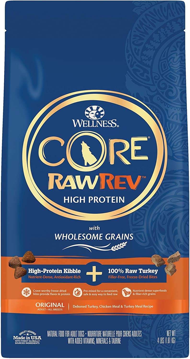 Wellness CORE RawRev Dry Dog Food with Wholesome Grains, High Protein Dog Food, Original Recipe, Turkey, Chicken Meal & Turkey Meal with Freeze Dried Raw Turkey Bites, Natural, Made in USA, All Breeds
