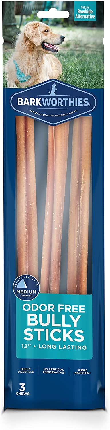 Barkworthies Odor-Free 12-inch Bully Sticks (3 Pack) - Healthy Dog Chews - Protein-Packed, Highly Digestible, All-Natural Rawhide Alternative Dog Treats - Promotes Dental Health