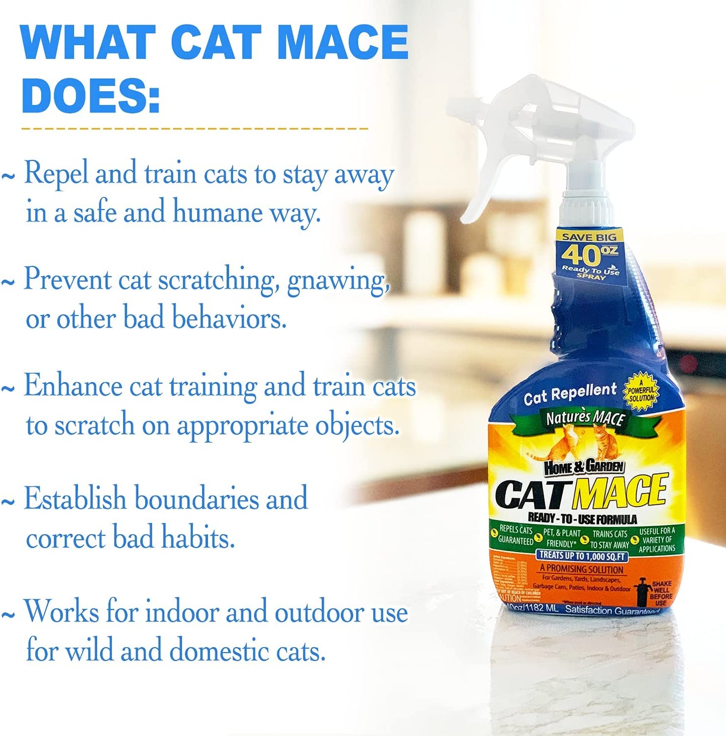 Nature's Mace Cat Repellent 40oz Spray/Treats 1,000 Sq. Ft. / Keep Cats Out of Your Lawn and Garden/Train Your Cat to Stay Out of Bushes/Safe to use Around Children & Plants