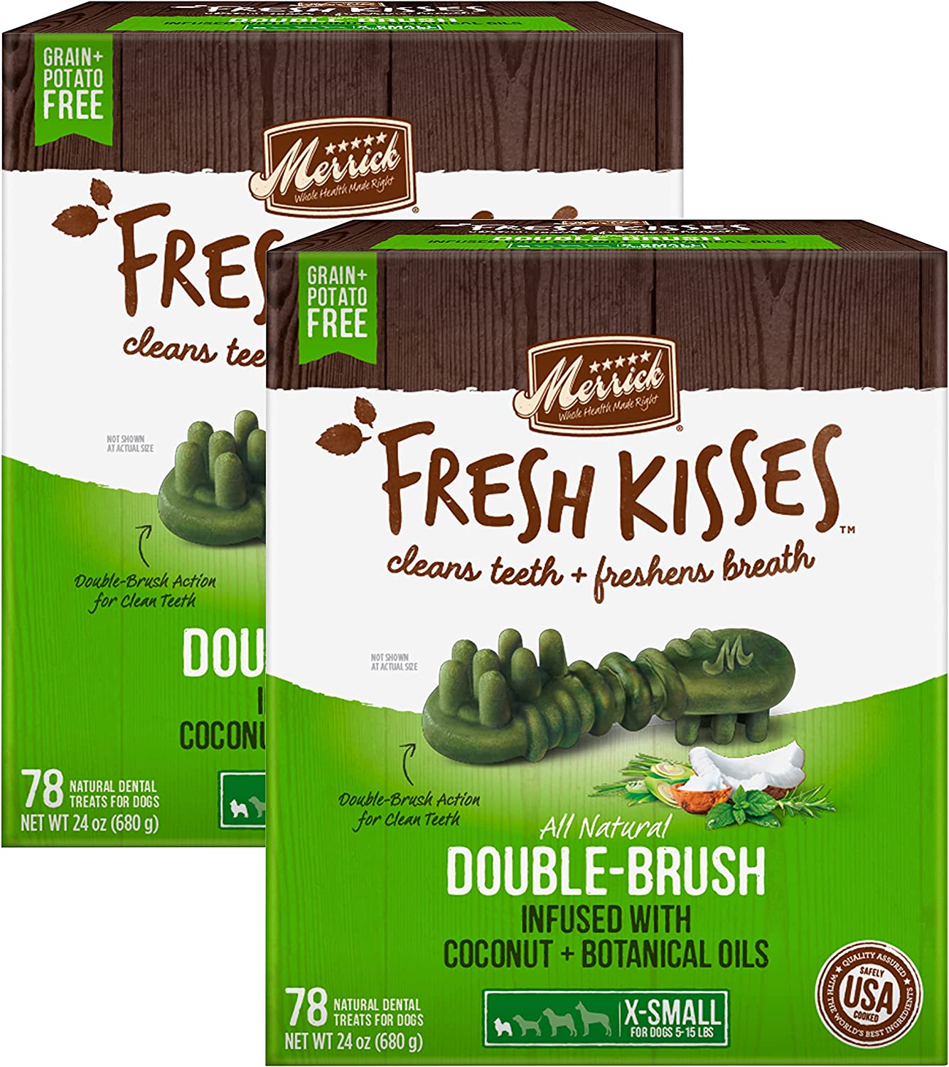 Merrick Fresh Kisses Double-Brush Dental Dog Treats, Infused with Coconut & Botanical Oils, Cleans & Freshens Breath for X-Small Dogs, 78 Dental Dog Treats/Pack (Pack of 2)