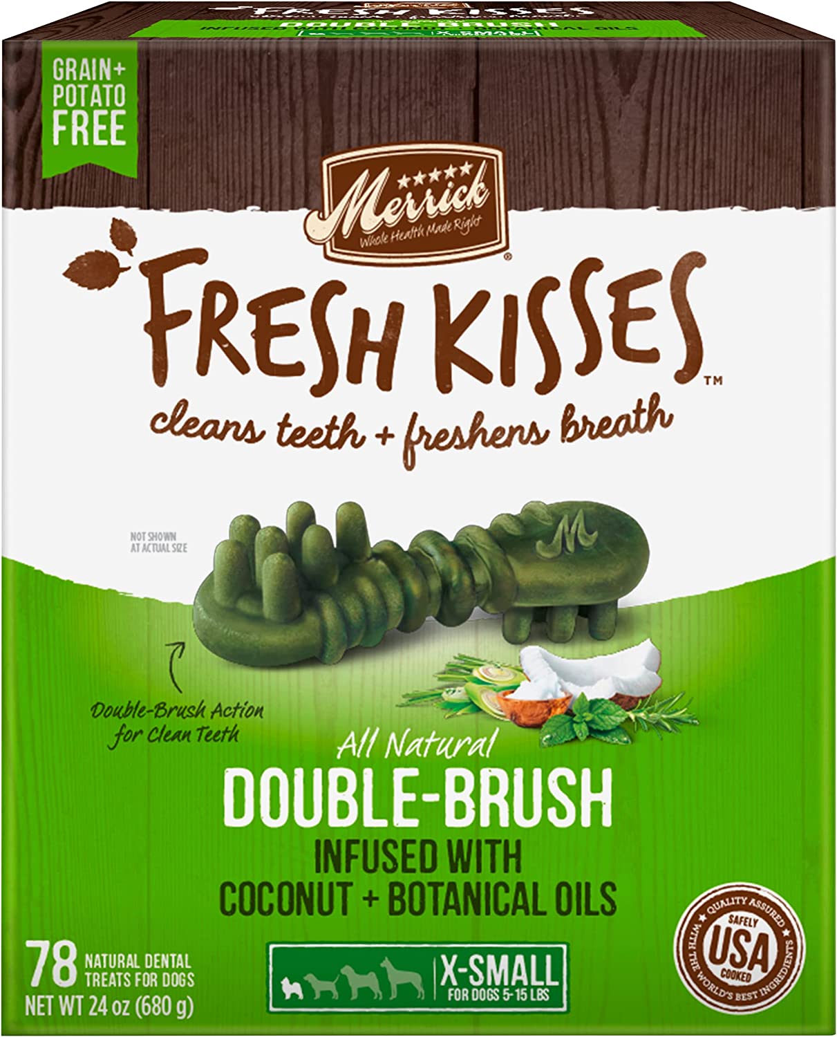 Merrick Fresh Kisses Double-Brush Dental Dog Treats, Infused with Coconut & Botanical Oils, Cleans & Freshens Breath for X-Small Dogs, 78 Dental Dog Treats/Pack (Pack of 2)