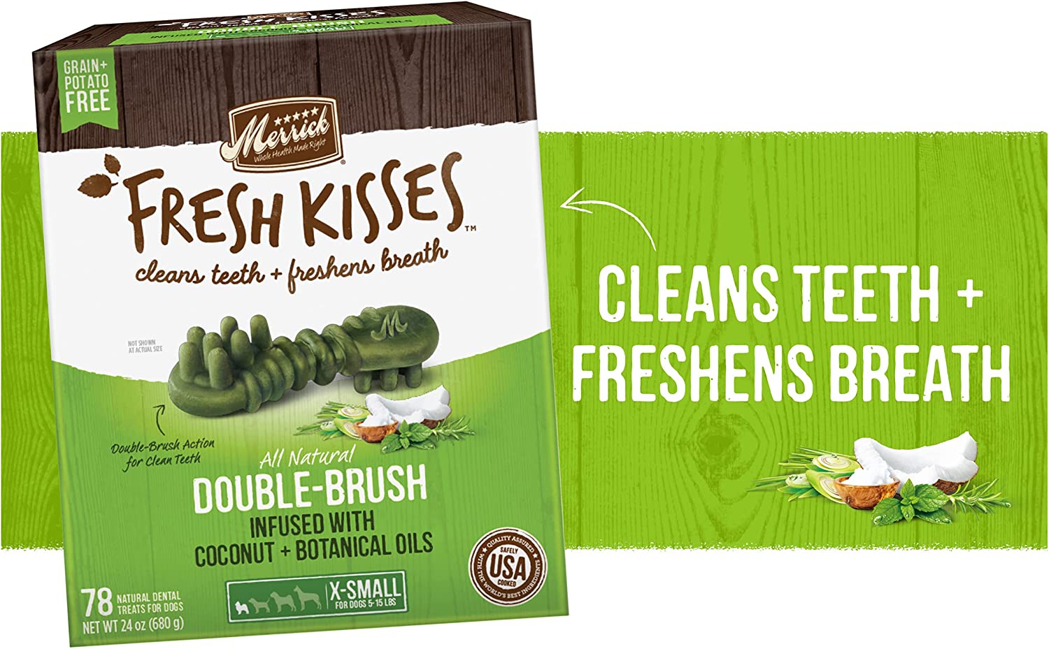 Merrick Fresh Kisses Double-Brush Dental Dog Treats, Infused with Coconut & Botanical Oils, Cleans & Freshens Breath for X-Small Dogs, 78 Dental Dog Treats/Pack (Pack of 2)