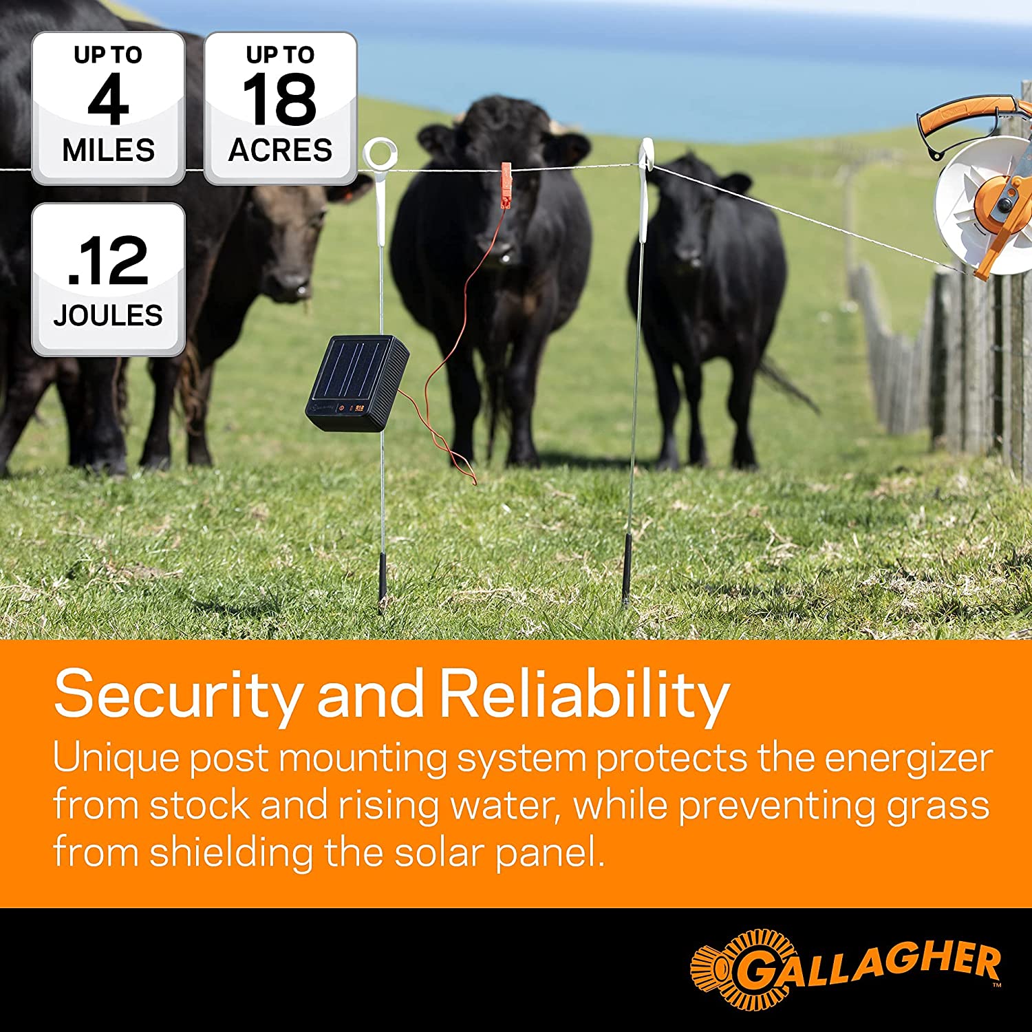 Gallagher S12 Solar Electric Fence Charger | Powers Up to 4 Miles / 18 Acres of Fence | Solar Lithium Technology, 0.12 Stored Joule Energizer | Built-in Earthing | Portable and Super Tough