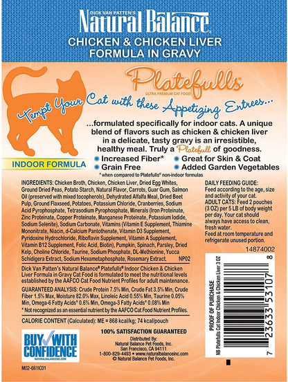 Natural Balance Platefulls Indoor Premium Adult Cat Food in Gravy | Grain-Free Food for Indoor Cats | Protein Choices Include Turkey, Salmon, Chicken, Mackerel, Duck | 3 Ounce Pouches (Pack of 24)