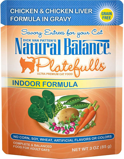 Natural Balance Platefulls Indoor Premium Adult Cat Food in Gravy | Grain-Free Food for Indoor Cats | Protein Choices Include Turkey, Salmon, Chicken, Mackerel, Duck | 3 Ounce Pouches (Pack of 24)