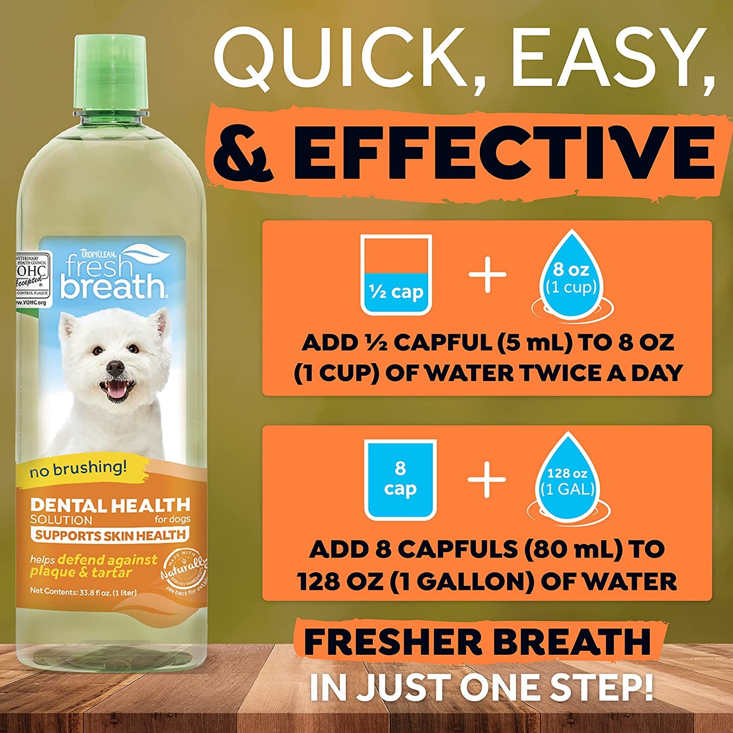 TropiClean Fresh Breath Dog Dental Water Additive - Dog Breath Freshener For Skin & Coat Support, 33.8 Ounce