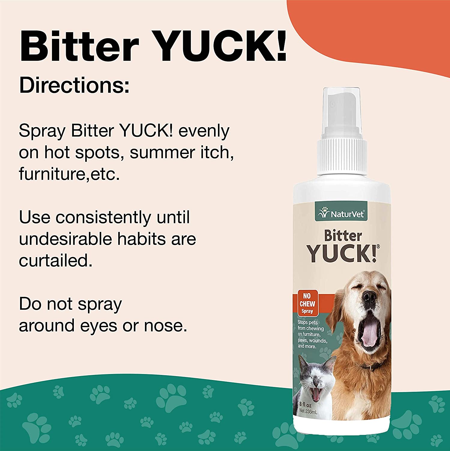 NaturVet – Bitter Yuck - No Chew Spray – Deters Pets from Chewing on Furniture, Paws, Wounds & More – Water Based Formula Does Not Sting or Stain – for Cats & Dogs