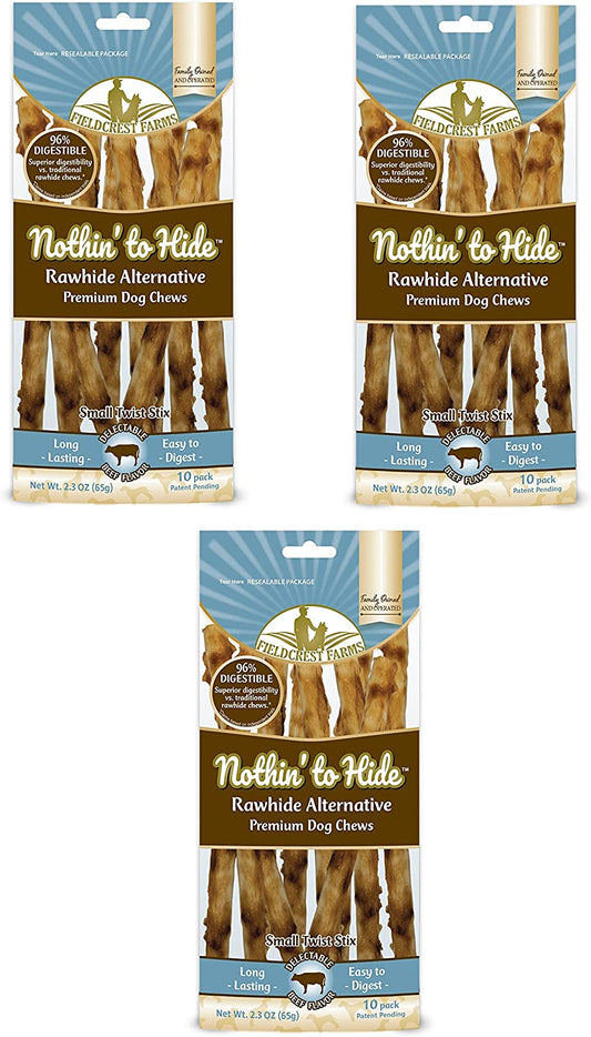 Nothing to Hide Natural Rawhide Alternative Twist Stix for Dogs - 3 Pack (30 Sticks) Premium Grade Easily Digestible Chews - Great for Dental Health by Fieldcrest Farms