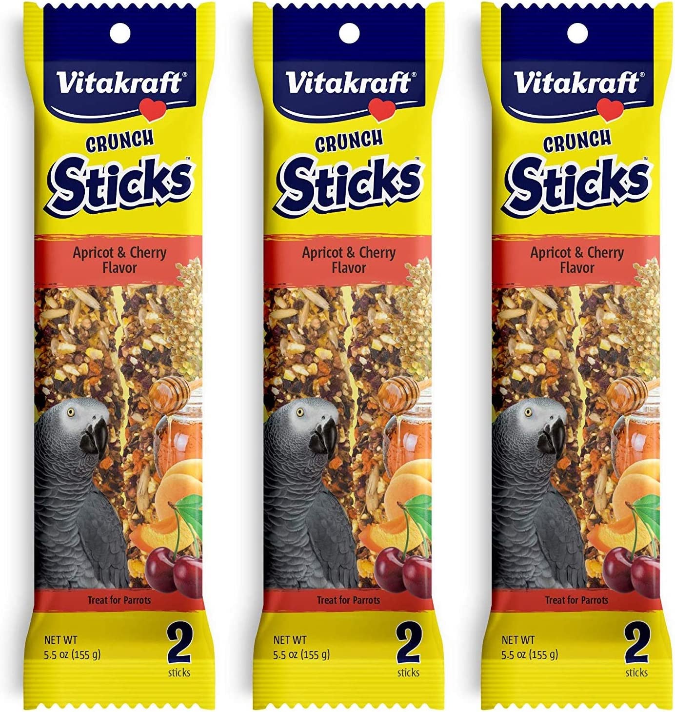 Vitakraft 3 Pack of Apricot & Cherry Crunch Sticks for Parrots, 2 Sticks Each