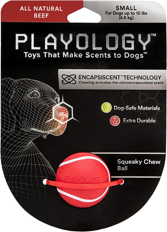 Playology Squeaky Chew Ball Dog Toy Beef Scent, Small, Red