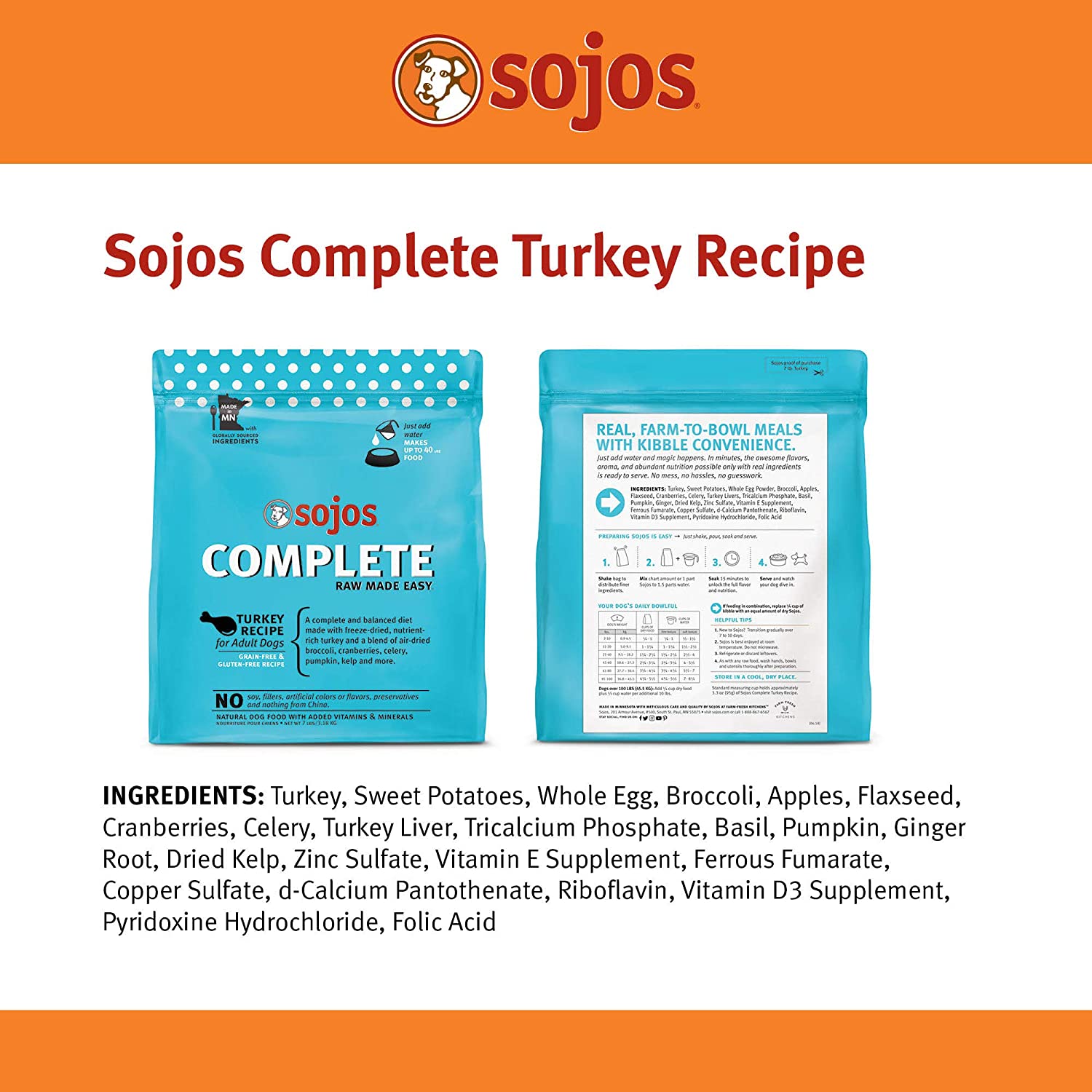 Sojos Complete Turkey Recipe Adult Grain-Free Freeze-Dried Raw Dog Food, 7 Pound Bag