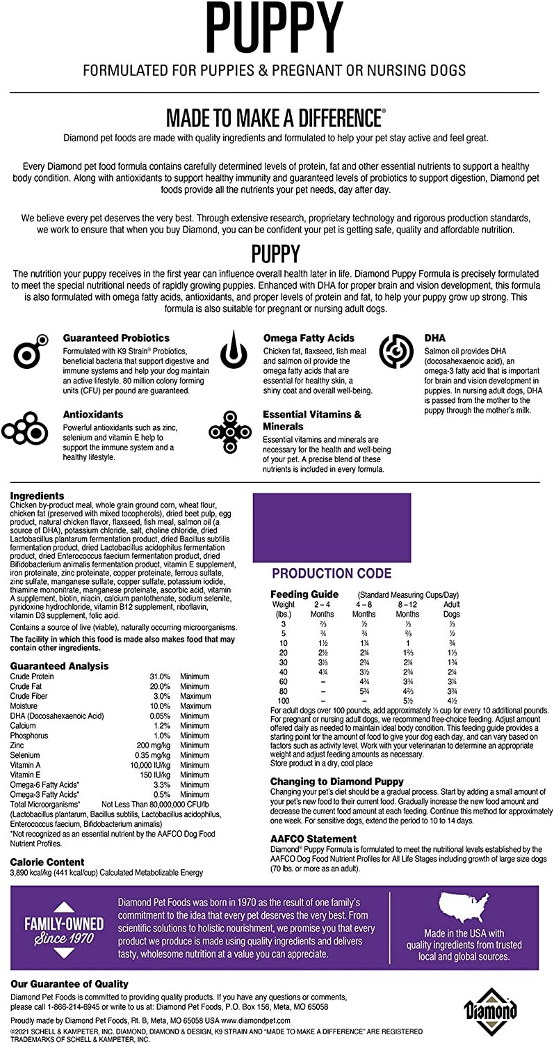 Diamond Premium Puppy Complete and Balanced Dry Dog Food Formula Protein, and Probiotics