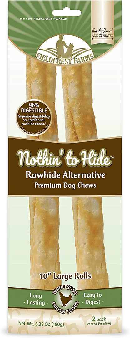 Nothing to Hide Natural Rawhide Alternative Large 10'' Rolls for Dogs - 3 Pack (6 Chews) Premium Grade Easily Digestible Chews - Great for Dental Health by Fieldcrest Farms