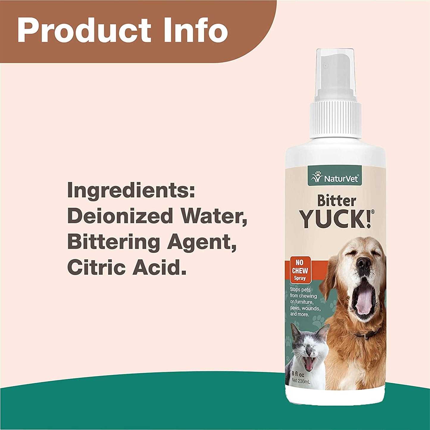 NaturVet – Bitter Yuck - No Chew Spray – Deters Pets from Chewing on Furniture, Paws, Wounds & More – Water Based Formula Does Not Sting or Stain – for Cats & Dogs