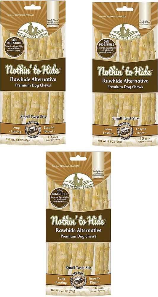 Nothing to Hide Natural Rawhide Alternative Twist Stix for Dogs - 3 Pack (30 Sticks) Premium Grade Easily Digestible Chews - Great for Dental Health by Fieldcrest Farms