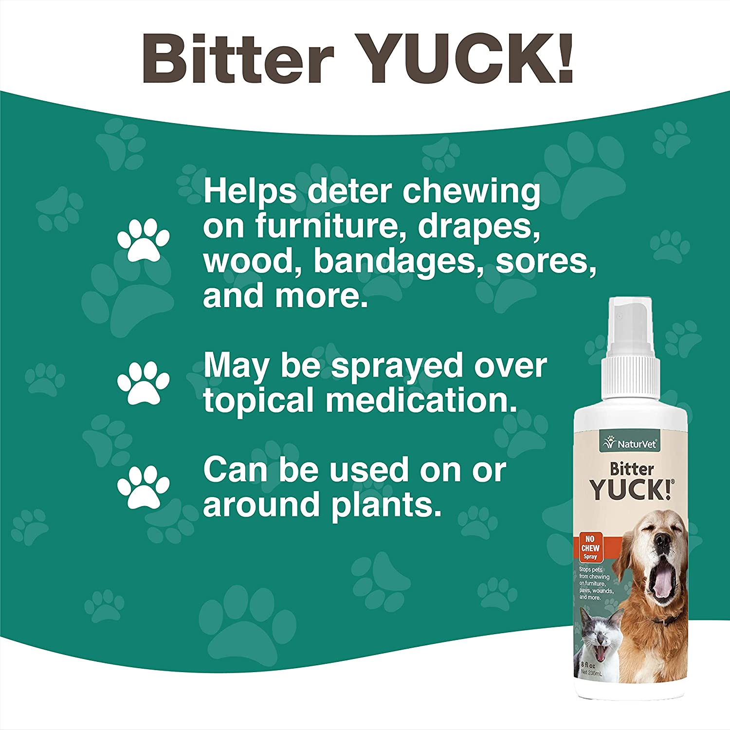 NaturVet – Bitter Yuck - No Chew Spray – Deters Pets from Chewing on Furniture, Paws, Wounds & More – Water Based Formula Does Not Sting or Stain – for Cats & Dogs