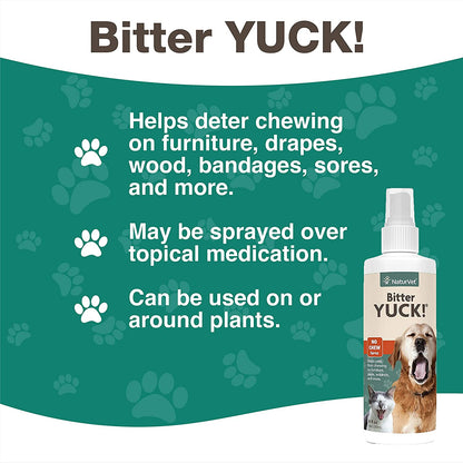 NaturVet – Bitter Yuck - No Chew Spray – Deters Pets from Chewing on Furniture, Paws, Wounds & More – Water Based Formula Does Not Sting or Stain – for Cats & Dogs